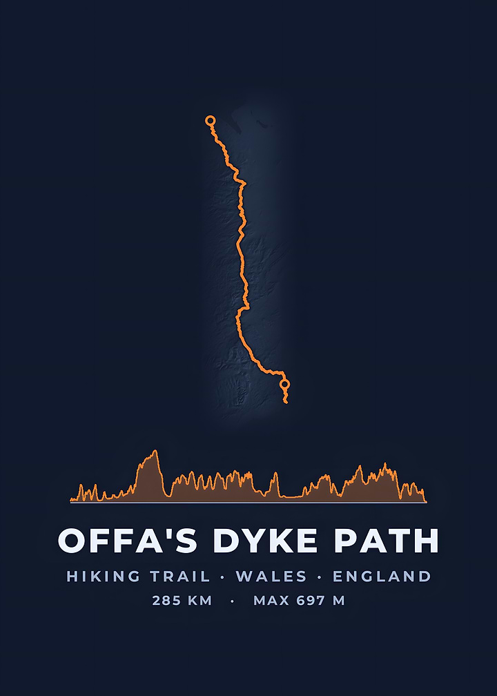 Offa's Dyke Path Hiking Trail Map Midnight Blue Print