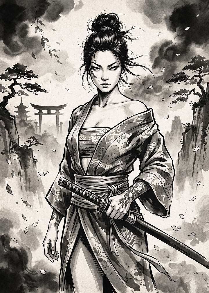 Samurai Woman Ink Art Poster