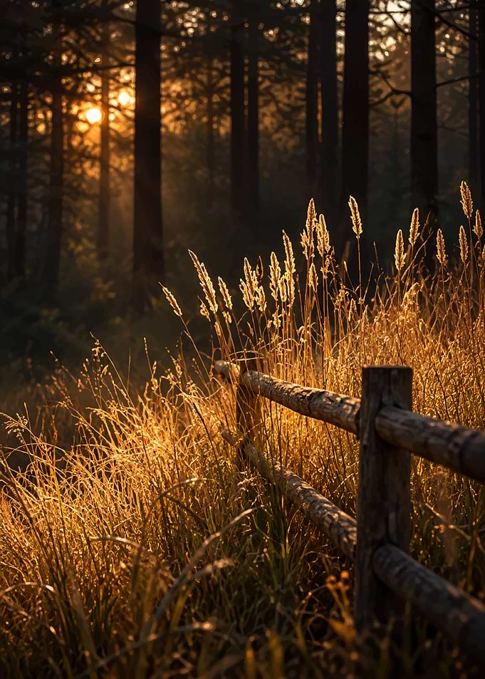 Golden Hour Forest Fence
