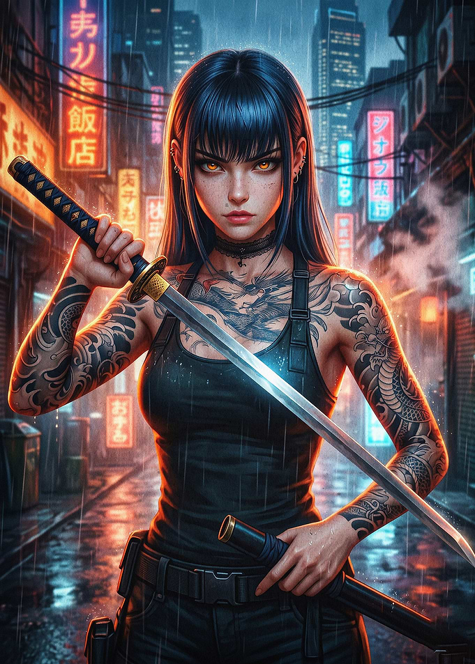 Cyber Samurai Neon Rain Art