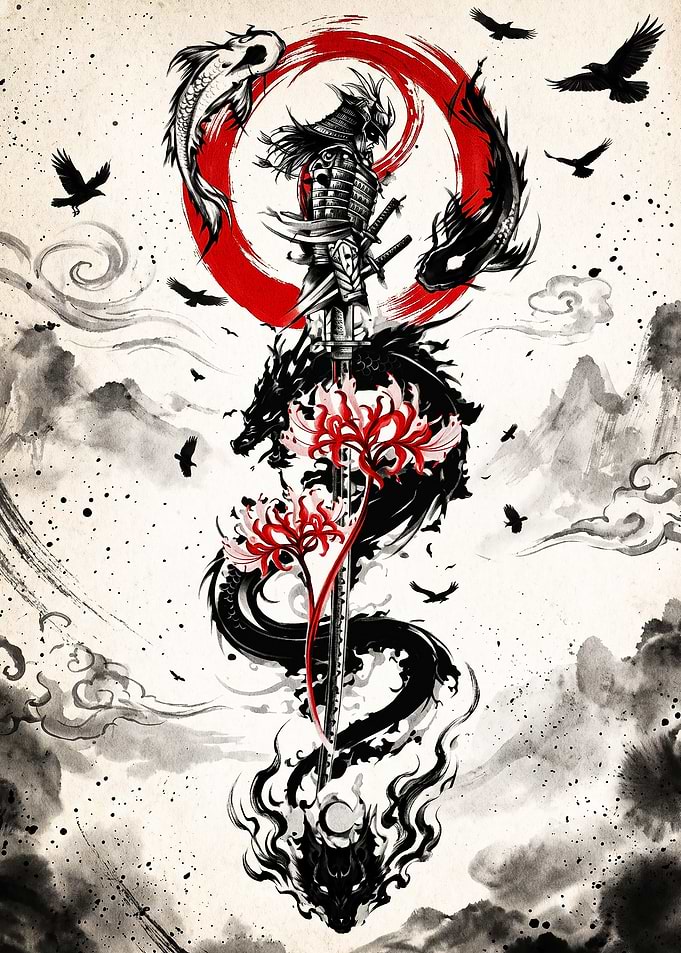 Samurai Warrior with Dragon and Sword