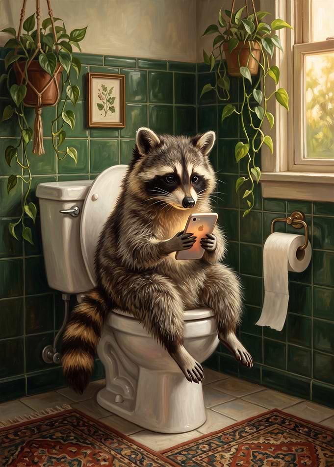 Raccoon Using Smartphone on Toilet