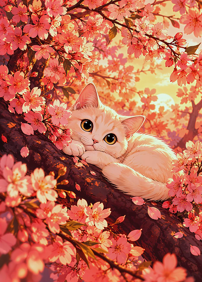 Cute Kitten Resting in Cherry Blossoms