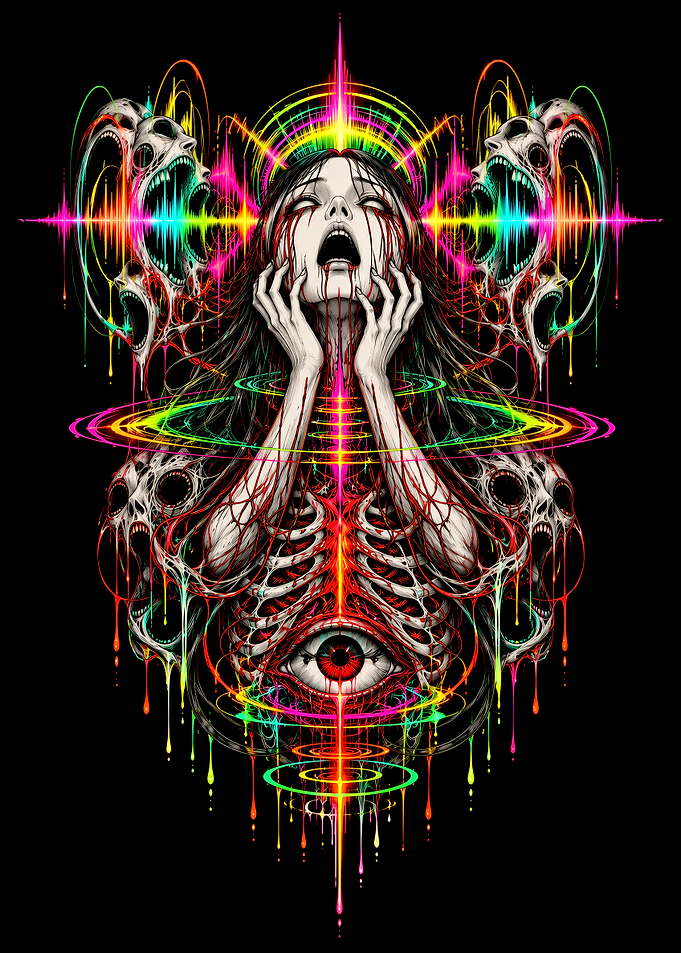 Psychedelic Screaming Figure with Skulls