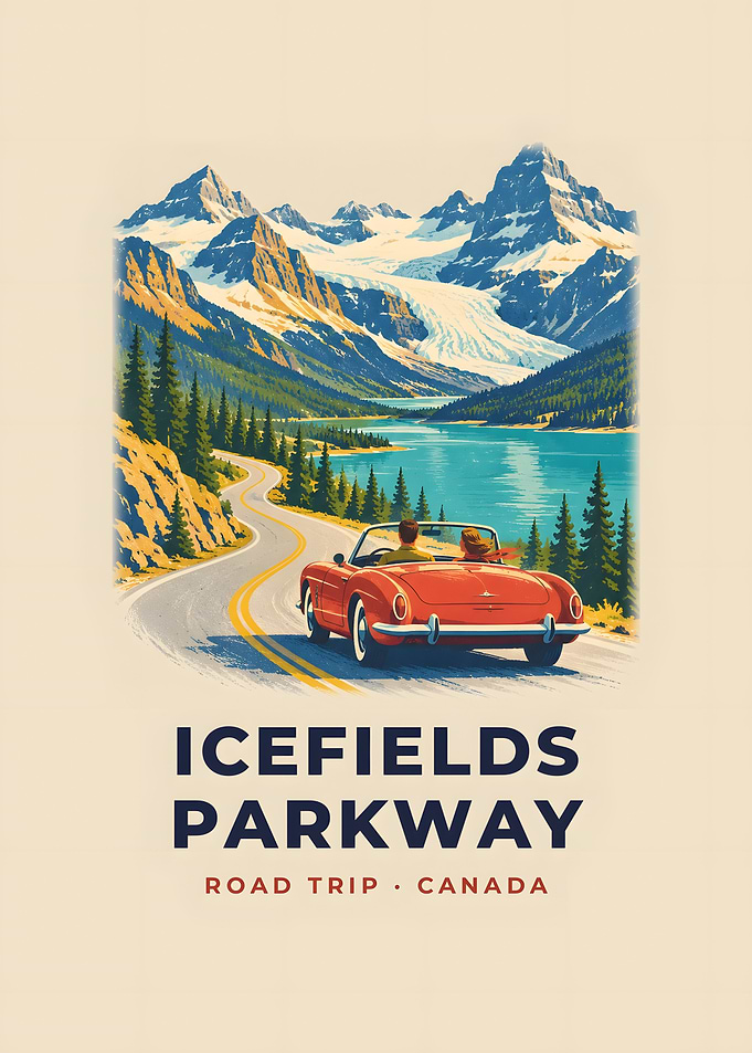 Icefields Parkway Vintage Road Trip Poster Glacier Lake