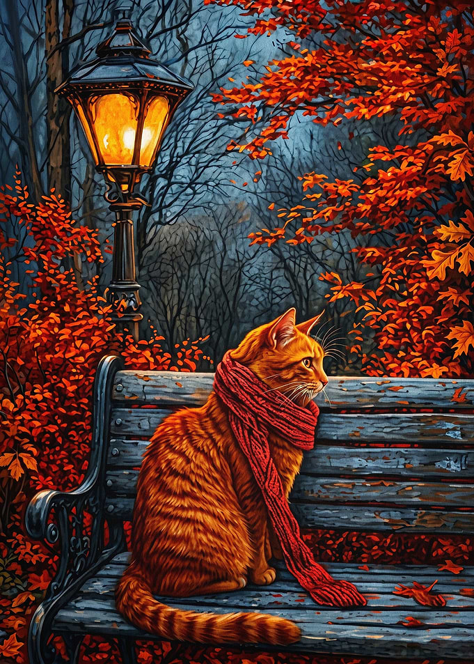 Autumn Cat Bench Cozy Poster