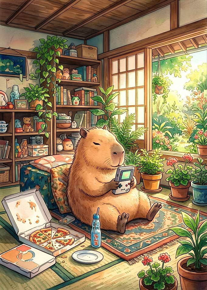 Capybara Gaming in Cozy Room