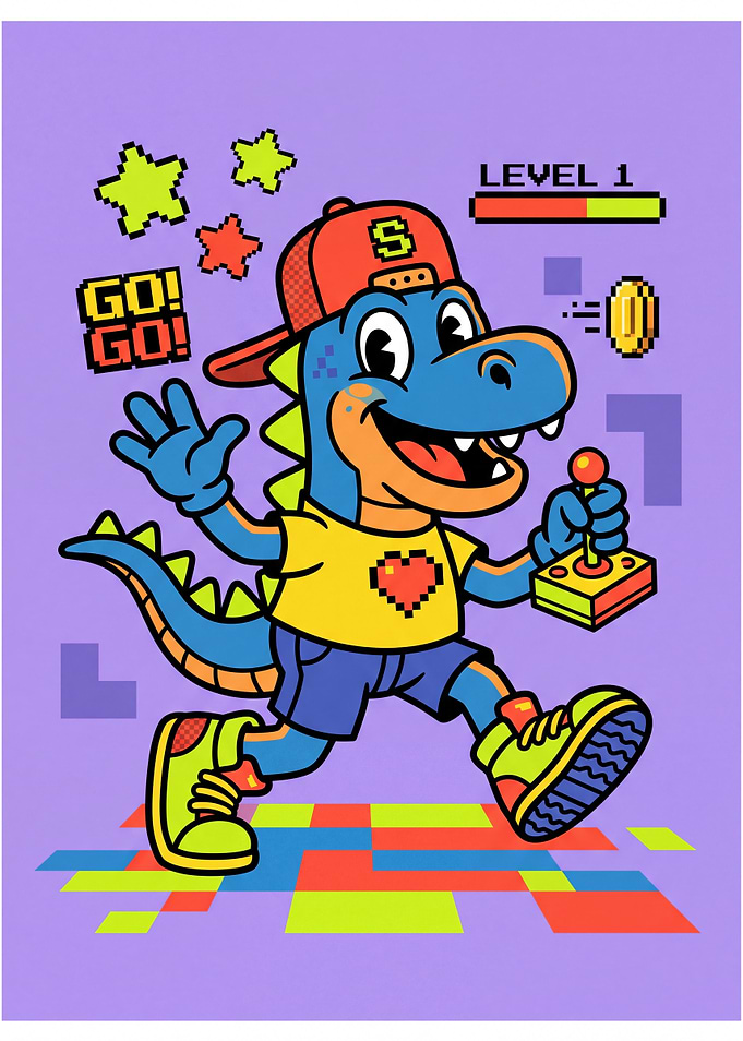 Gaming Dinosaur Cartoon Illustration