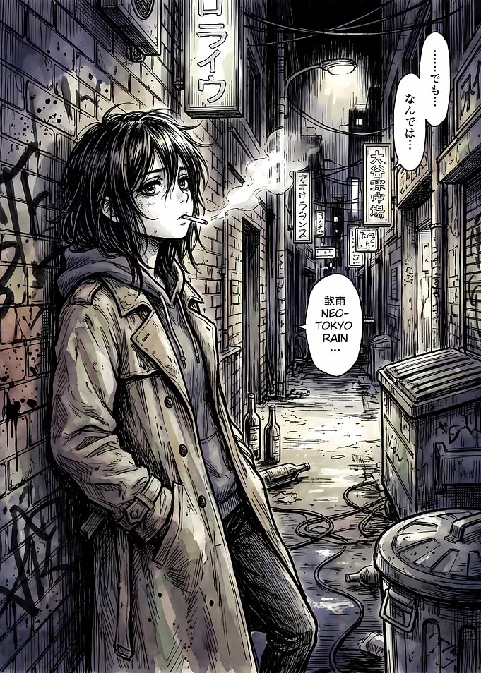 Anime Girl Smoking in Neo-Tokyo Alley