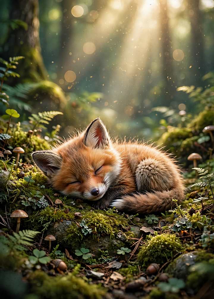 Forest Nap - Sleeping Baby Fox in Sunlight