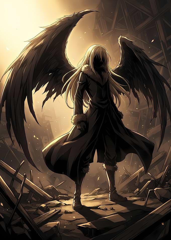 Dark Winged Figure in Golden Glow
