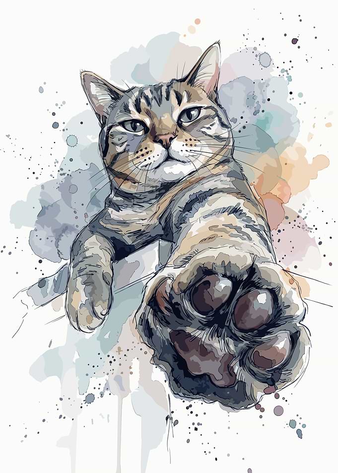 Watercolor Tabby Cat Reaching Out