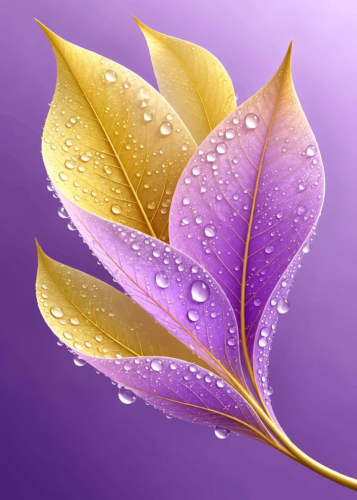 Dew-Covered Golden and Purple Leaves
