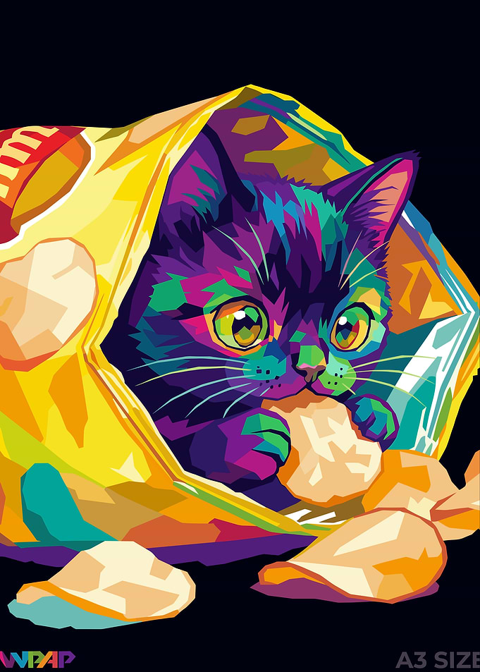 Colorful Pop Art Cat Eating Chips