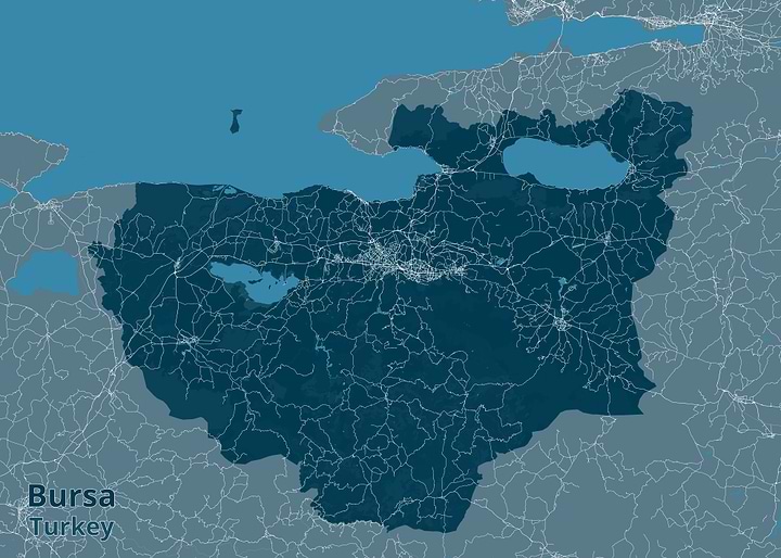 Map of Bursa Province, Turkey