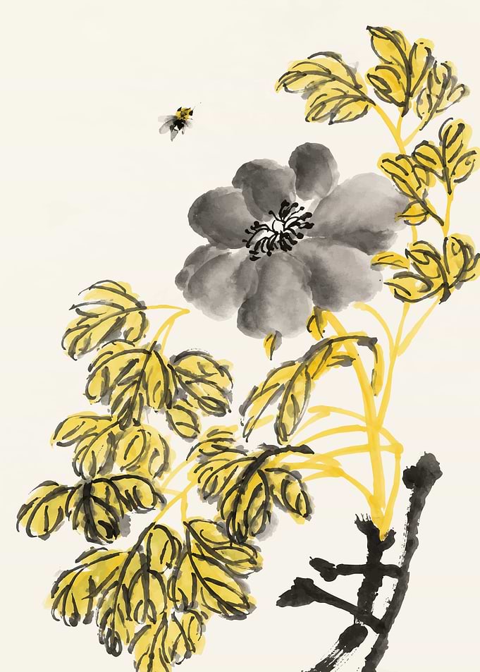 Ink Wash Painting of Flower and Bee
