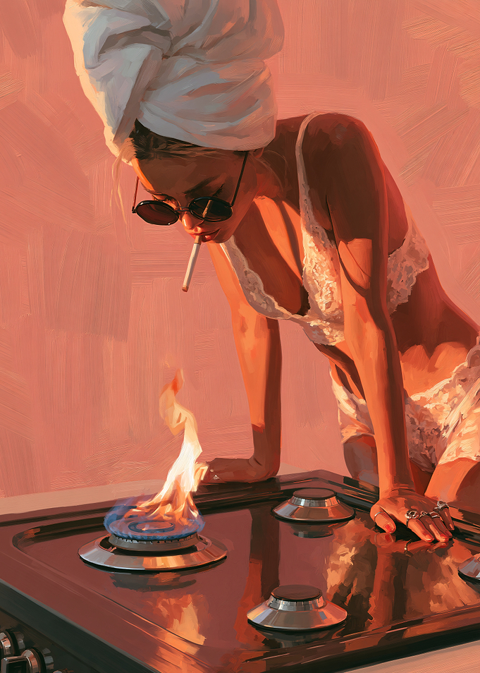 Woman lighting cigarette on stove