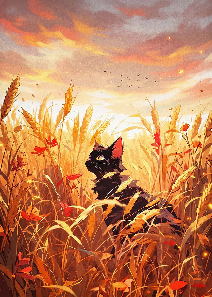 Black Cat Wheat Field Sunset Art