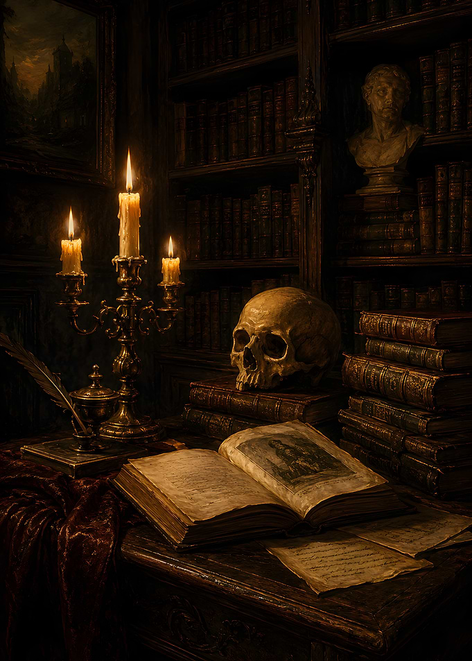 Dark Academia Library – Candlelit Oil Painting