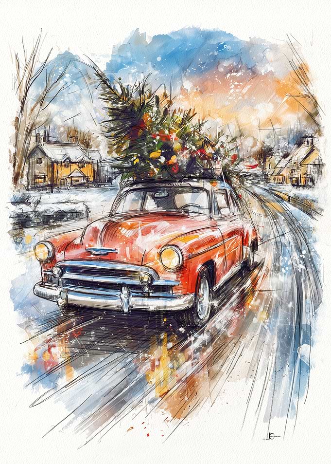 Vintage Red Car Carrying Christmas Tree