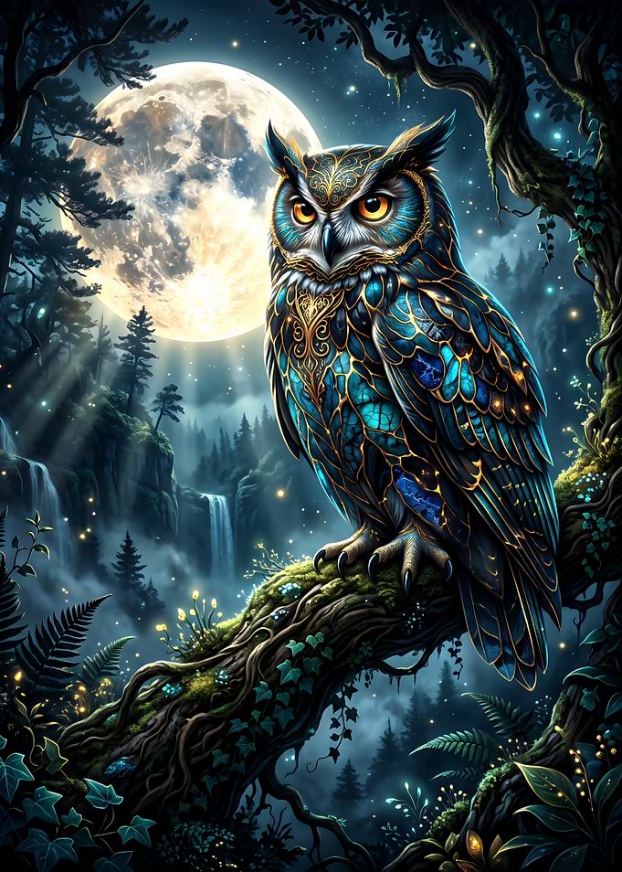 Owl in Moonlight Forest