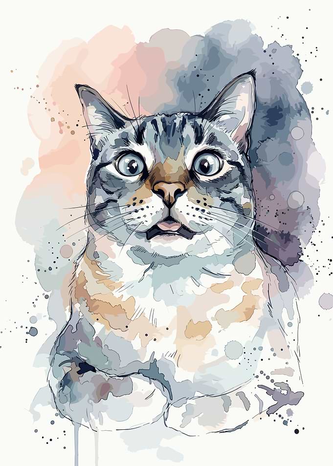 Watercolor Portrait of a Surprised Cat
