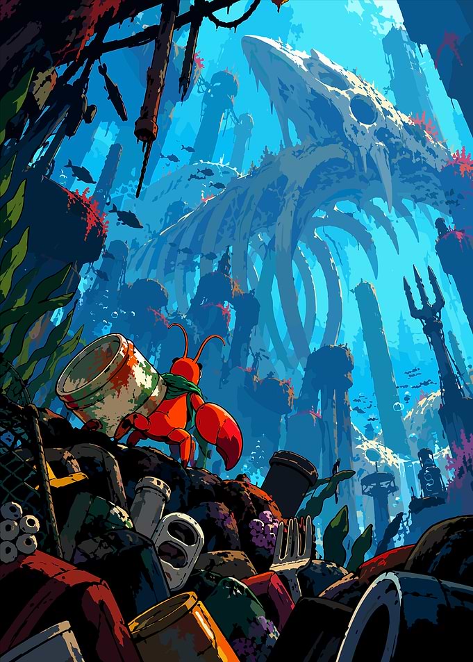 Pixel Art Lobster in Underwater Ruins
