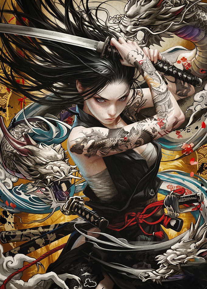 Samurai Dragon Katana Ink Art