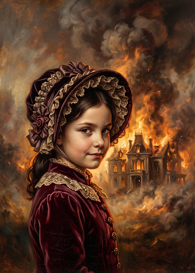 Victorian Girl Before Burning Mansion