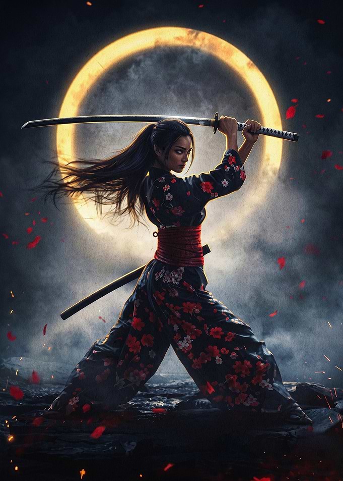 Samurai Woman Katana Moon Poster