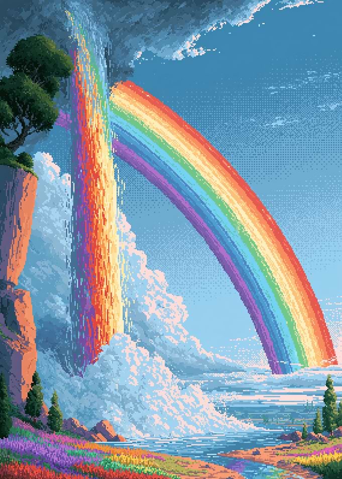 Pixel Art Rainbow Waterfall Landscape
