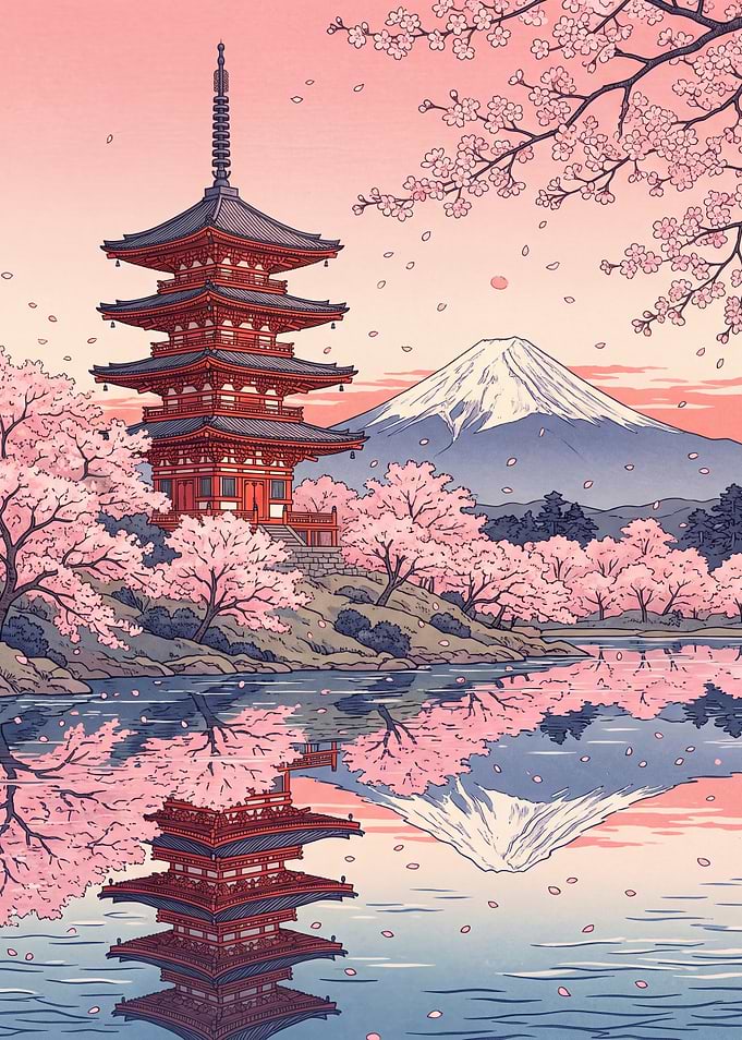 Pagoda and Mount Fuji Cherry Blossoms
