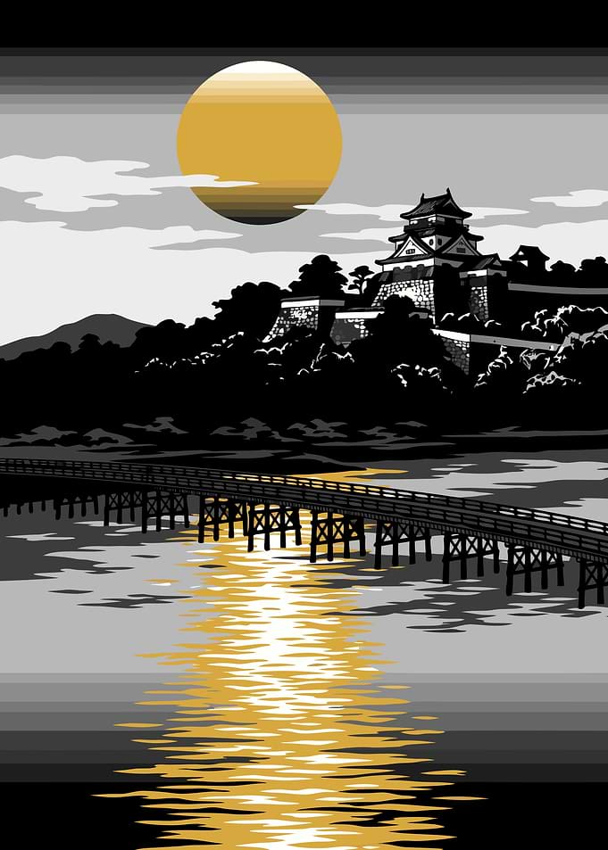 Japanese Castle at Sunset Illustration