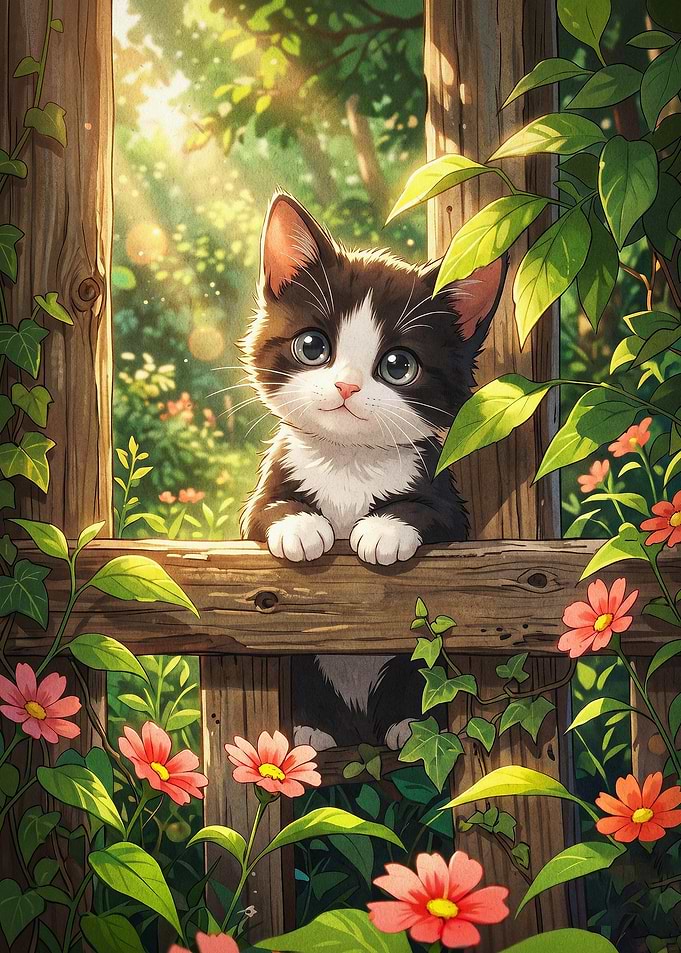 Cute Cat Garden Anime Art Poster