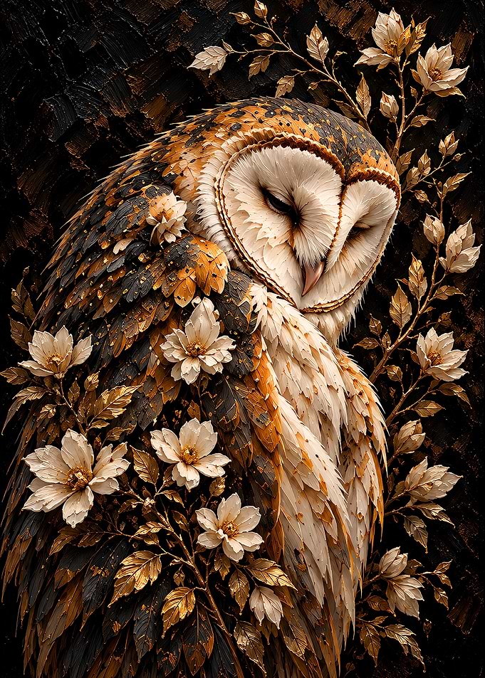 Elegant Barn Owl with Floral Accents