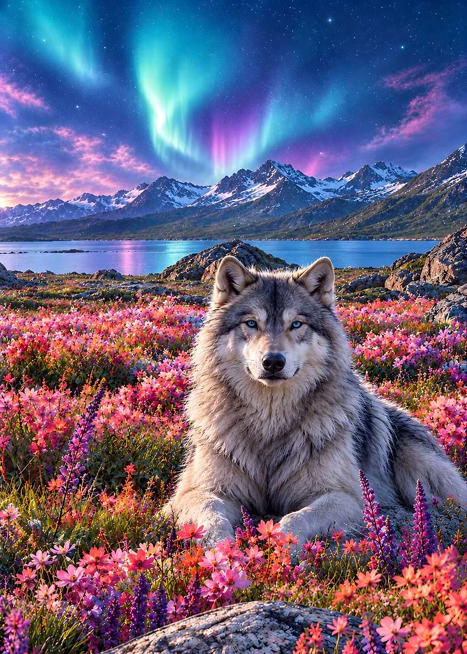 Wolf in a Vibrant Flower Field