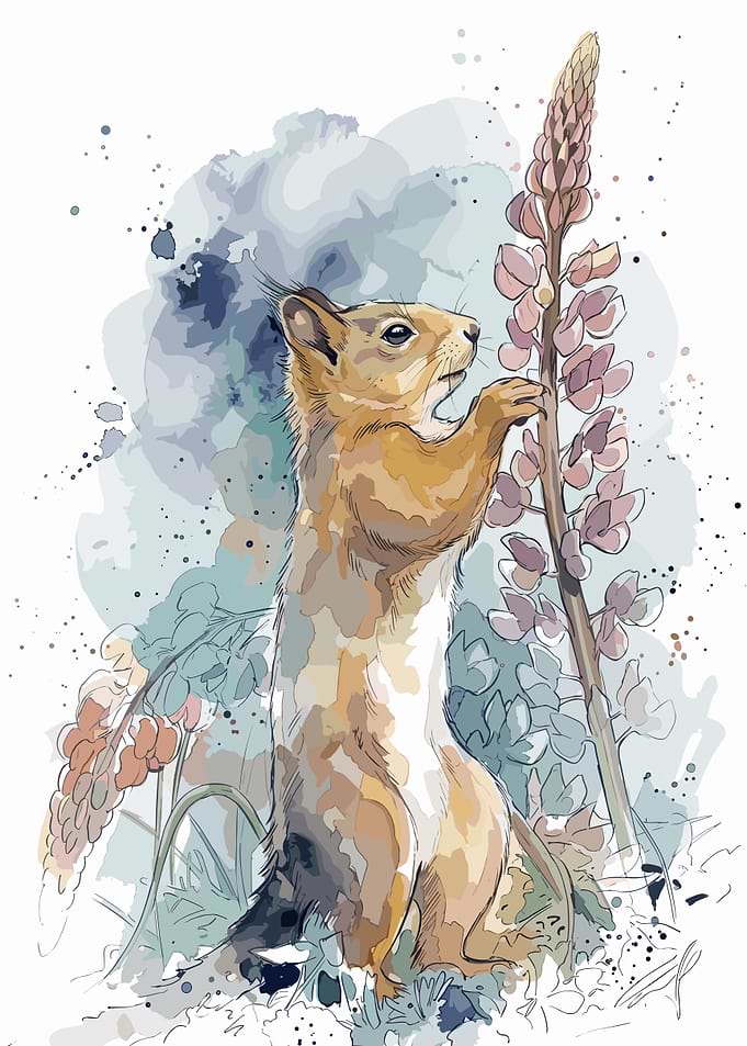 Watercolor Squirrel and Lupine Flower