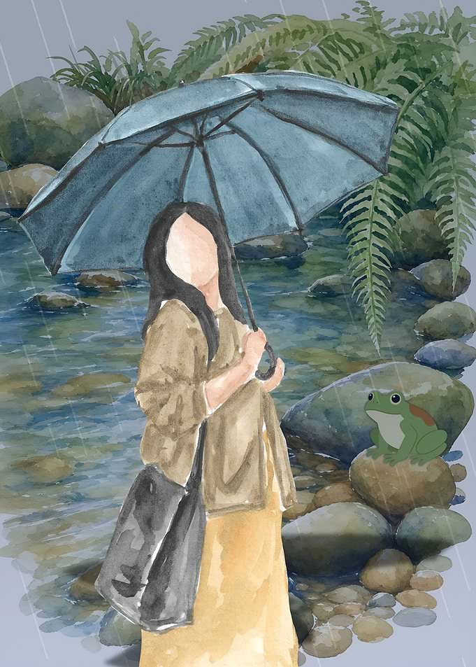 Girl with Umbrella and Frog