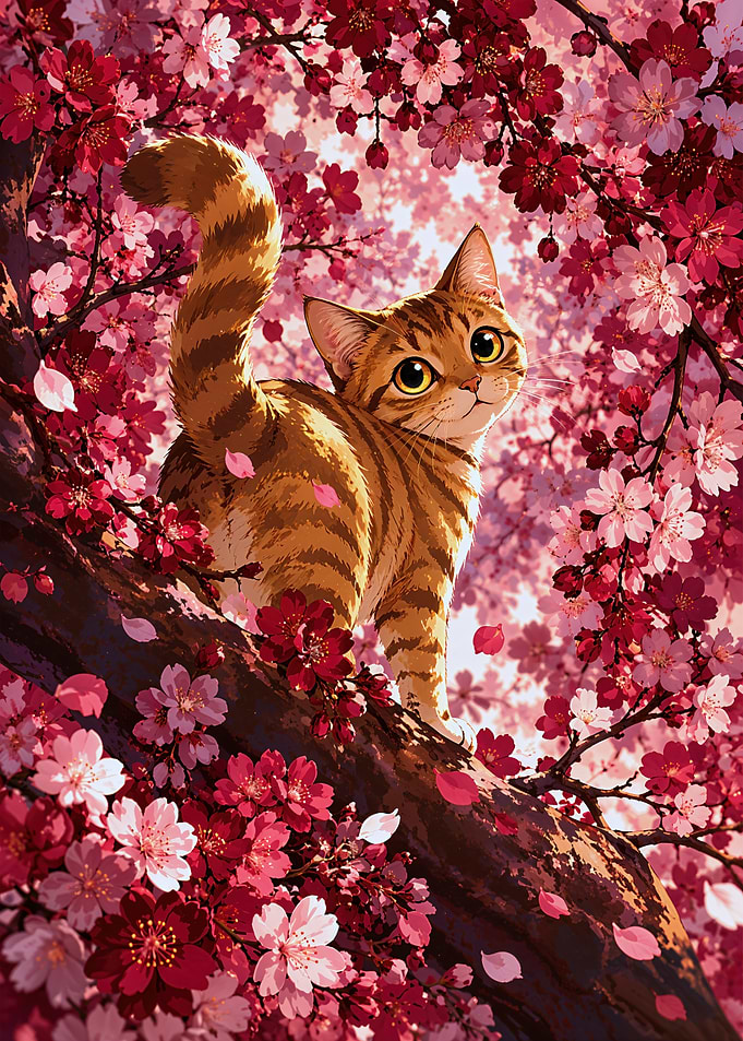 Tabby Cat in Cherry Blossoms