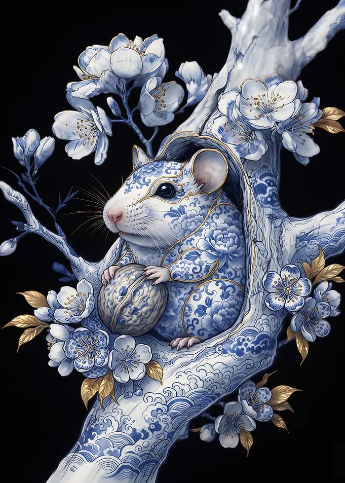 Porcelain Style Mouse in Cherry Blossoms