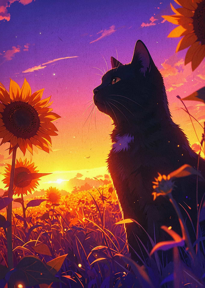 Black Cat Sunflower Sunset Art
