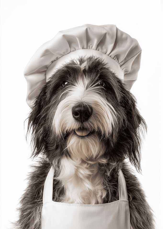 Adorable Polish Lowland Sheepdog Dog Wearing Chef Hat