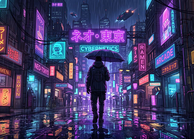 Cyberpunk Neo-Tokyo Rainy Street Scene