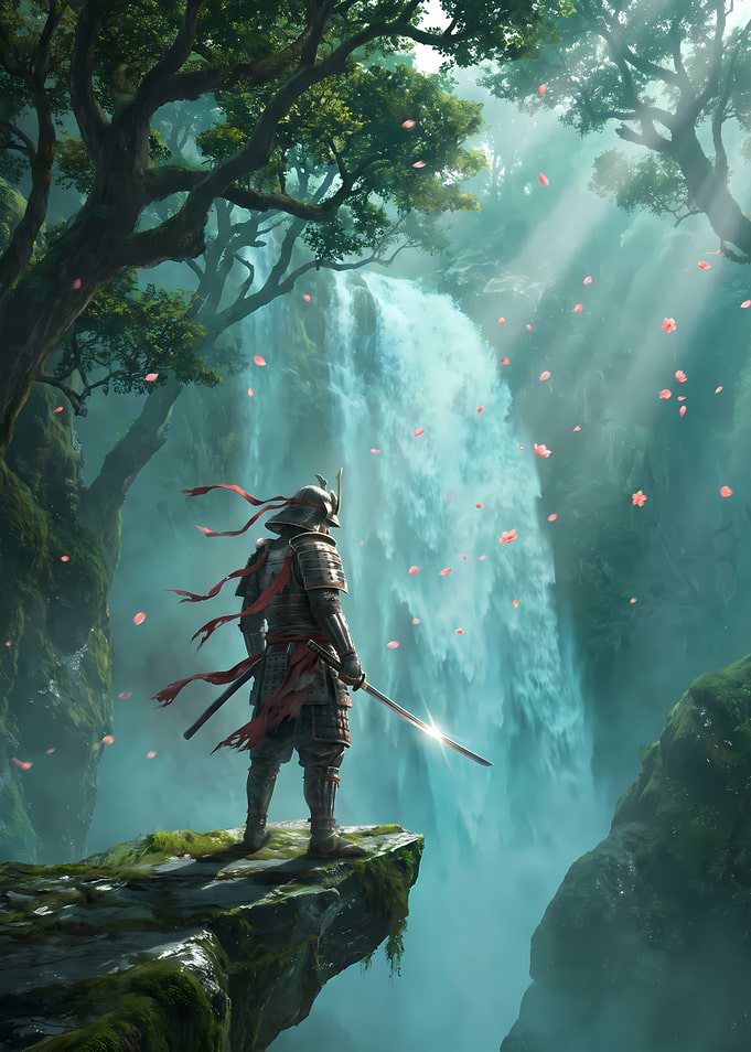 Samurai Standing Before a Waterfall