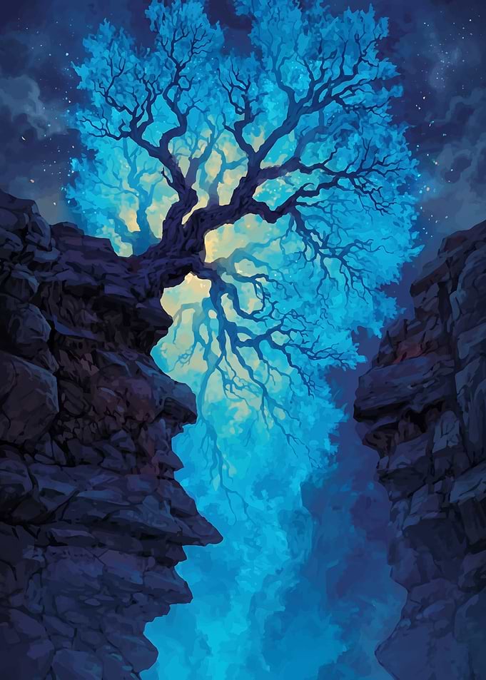 Glowing Blue Tree in Canyon
