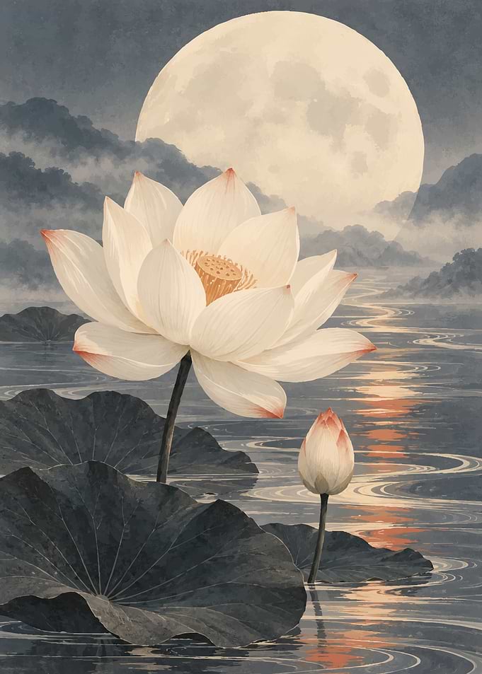 Lotus Flower Under Full Moon