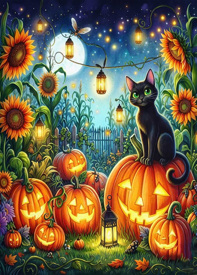 Black Cat Sunflower Halloween Art