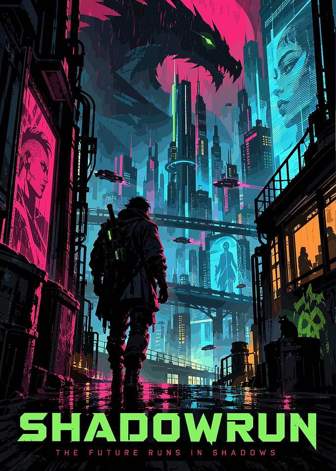 Shadowrun Cyberpunk Cityscape Poster