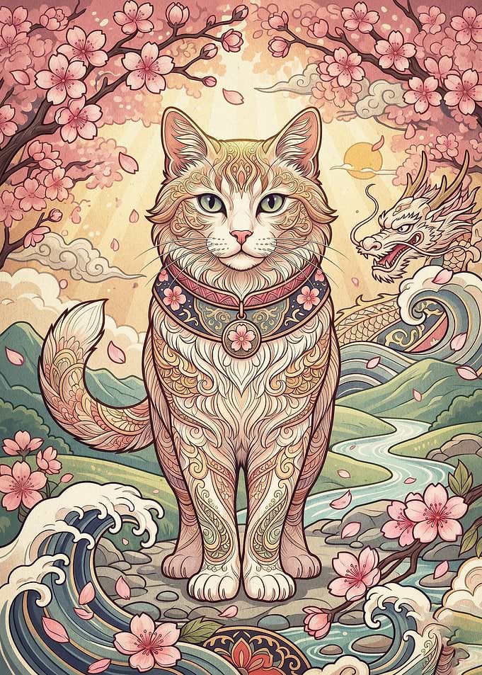 Cat Sakura Dragon Japanese Art