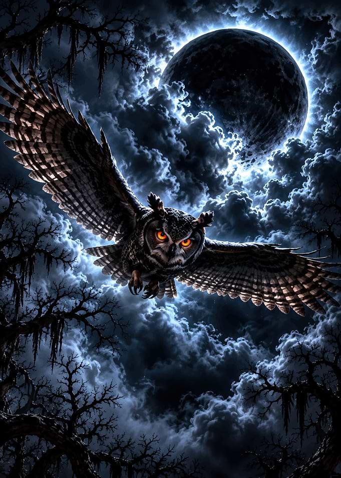 Owl Flying Under Full Moon
